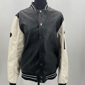 Fried Denim‎ NYC Mens Varsity Jacket Black White Faux Leather Bomber Small